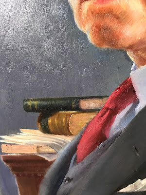 Edgar Lee Masters Portrait by Francis Quirk Close up of books on shelf Quirk Portrait, Quirk Painter, Artist Quirk, Pennsylvania Artist Quirk, Maine Painter Francis Quirk