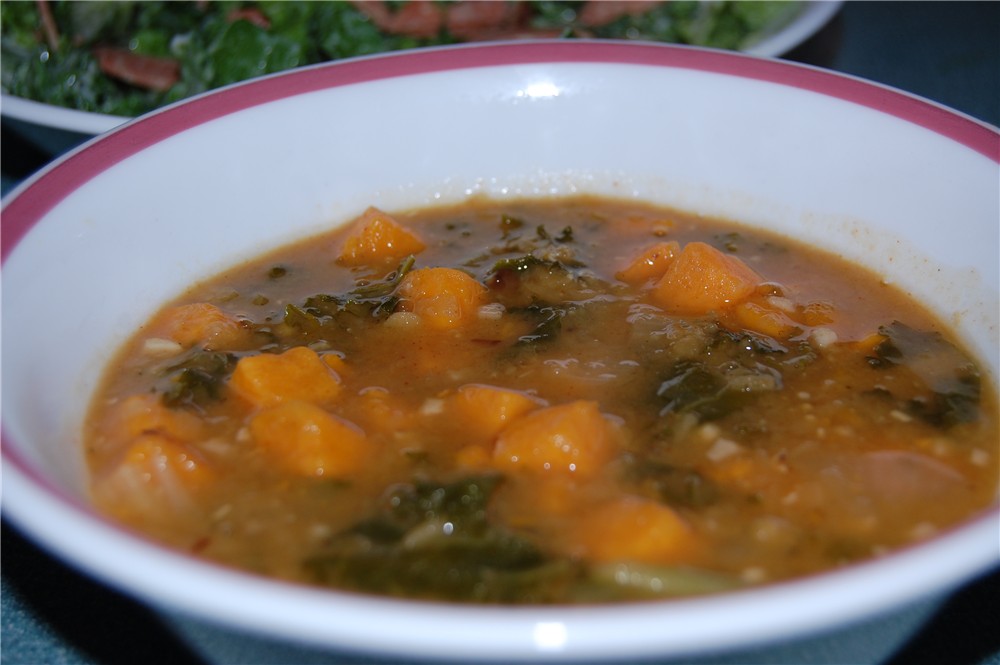 Just Veggin': Red Lentil Soup with Sweet Potatoes and Kale