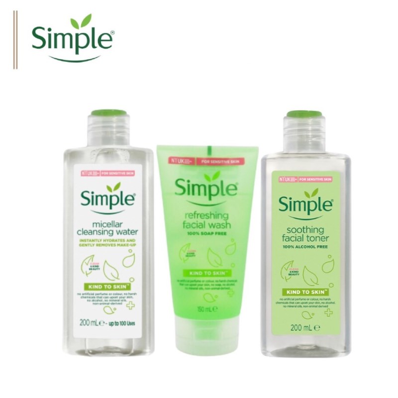 Simple Combo làm sạch sâu Nước tẩy trang Micellar 200ml + Sữa rửa mặt Refreshing 150ml + Toner 200ml