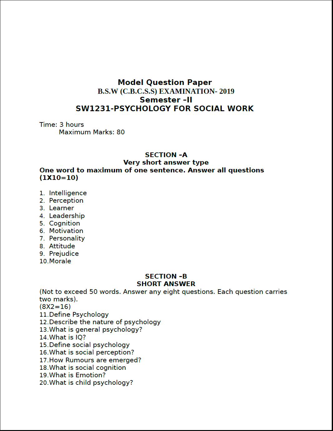 Kerala University Psychology For Social Work 2019 Question Paper ...