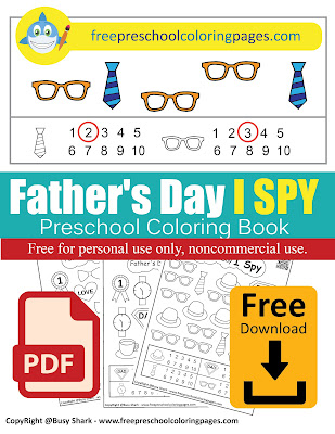 Father's day I Spy game easy level free printable preschool coloring pages ,learn numbers and counting for kids,jpg and pdf