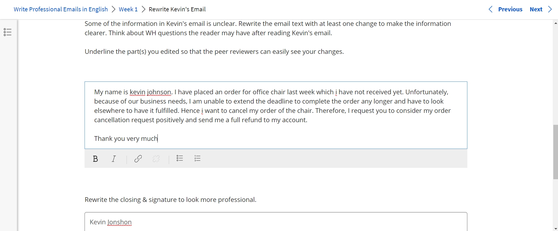 write professional emails in english week 1 assignment answers