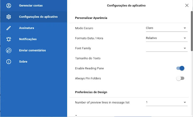 Opções de configurações do BlueMail cliente-email-linux-ubuntu-windows-android-ios-desktop-alternate-outlook-mailspring-geary-mozilla-thunderbird-evolution-snapcraft-snap