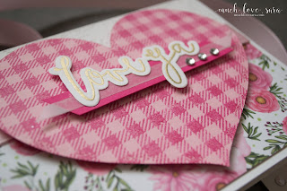 Pretty florals and pink flannel are combined on this sweet Valentine.  Handmade and stamped with Fun Stampers Journey Flannel Life background stamp, and Everyday Script stamp and die set.