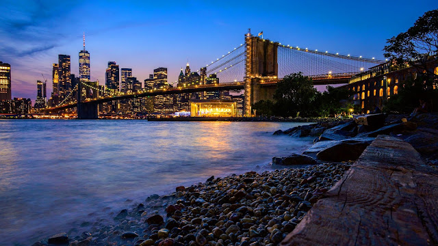 Coast, Night City, Bridge, Twilight Sky, River