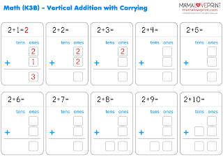 MamaLovePrint 數學工作紙 - 直式借位加法 加法進位 幼稚園工作紙 Addition With Carrying Math Kindergarten Worksheets Exercises Activities Kindergarten Worksheet Free Download