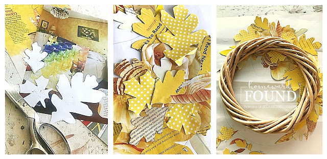 wreaths,wall art,up-cycling,trash to treasure,Thanksgiving,seasonal,re-purposed,paper crafts,paper,junk makeover,fall,DIY,diy decorating,crafting,colorful home,fall leaves,fall leaf crafts,fall home decor,fall wreaths,fall mantel decor, paper leaves