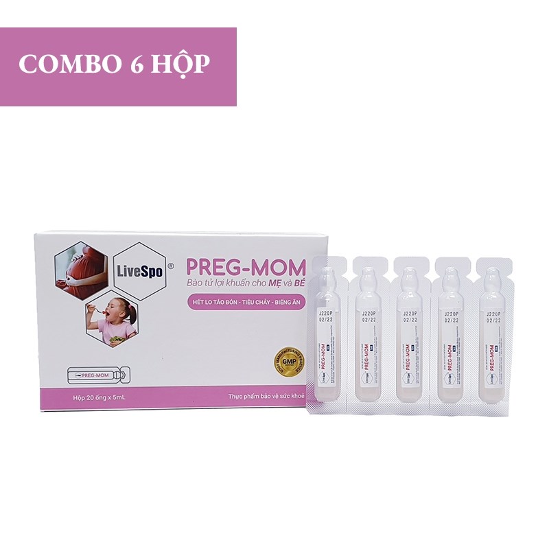 LiveSpo Preg – Mom Combo 6 Hộp bào tử lợi khuẩn cho tiêu hóa mẹ và bé Hết lo táo bón – Tiêu chảy – Biếng Ăn Hộp 20 ống