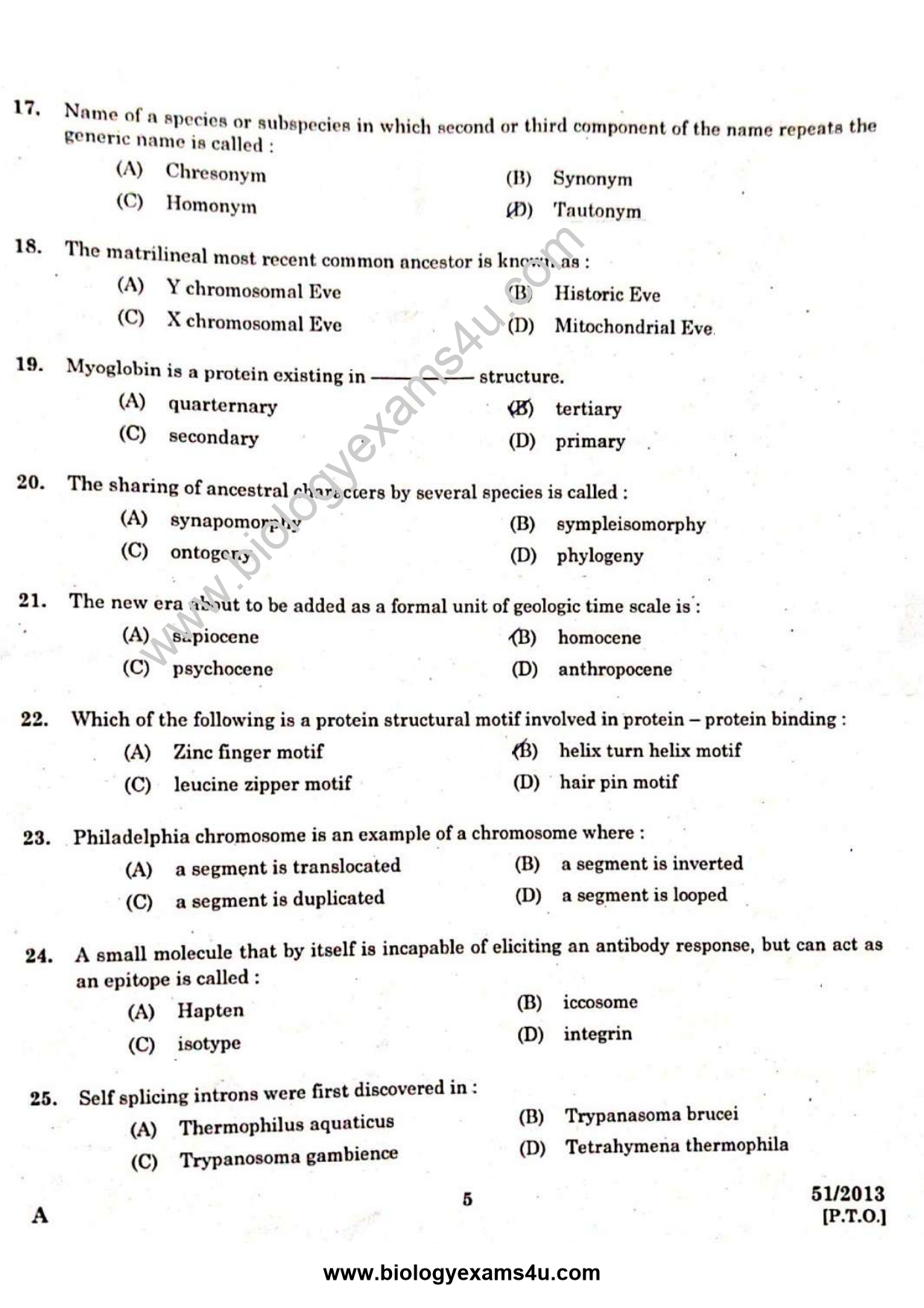 Scientific Assistant Biology Question Paper with Answer Key 51/2013