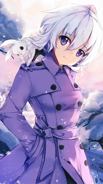 Wallpaper girl, rabbit, white hair, purple eyes, anime