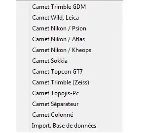 éditeur de GéoBases, menu, Cov. Calculs, barre de menu, Géobase, élémstation, référence, mesure, point, commentaire, code des points, topographiques, calculs topométriques