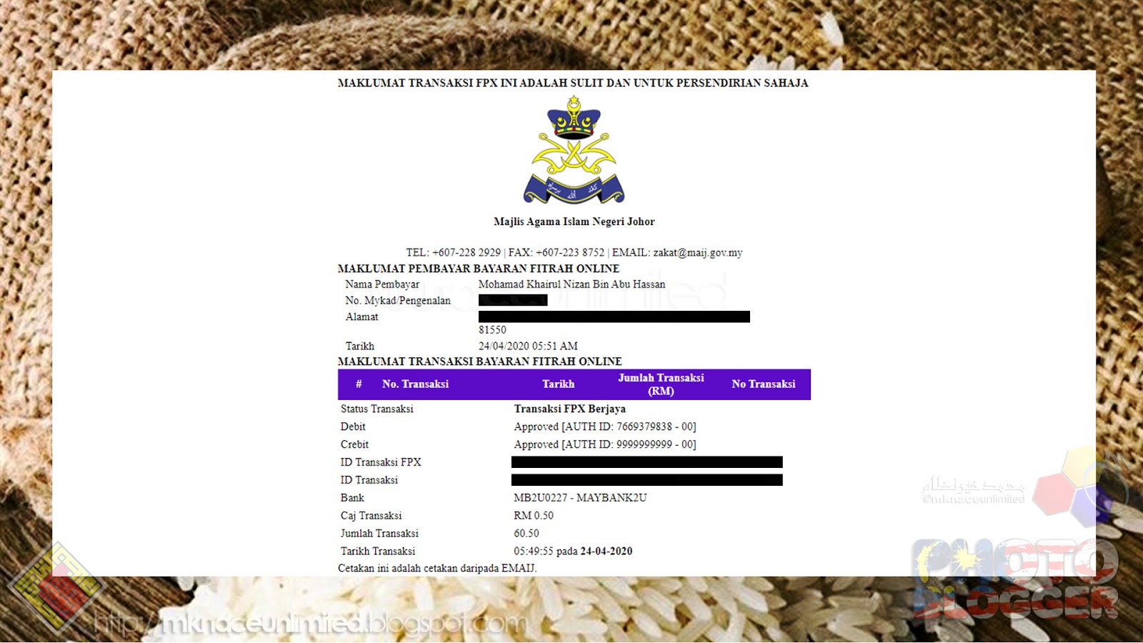 Zakat Fitrah menerusi Zakat Johor Online Payment