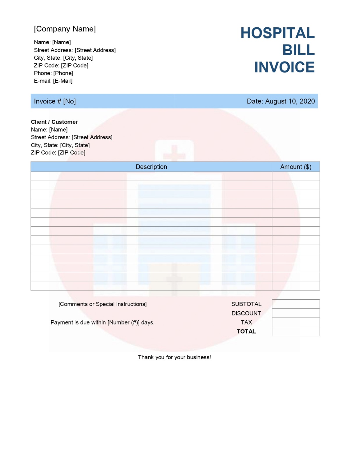 Hospital Receipt Sample Invoice Template