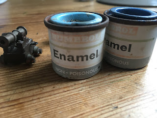 to tiny pots of blue Enamel paint used for HMS Bounty model ship created by Jan Duyn