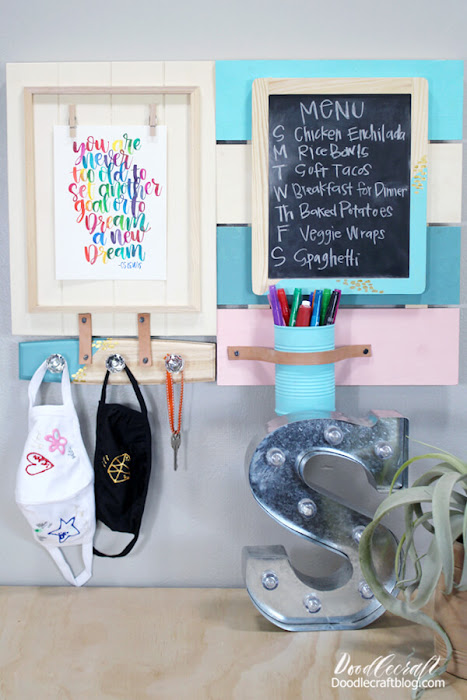 Set up the command station in the entryway, mudroom or over the desk. Get organized at home with a menu, motivational quote, mask holder for quick errands out, and some office supplies.