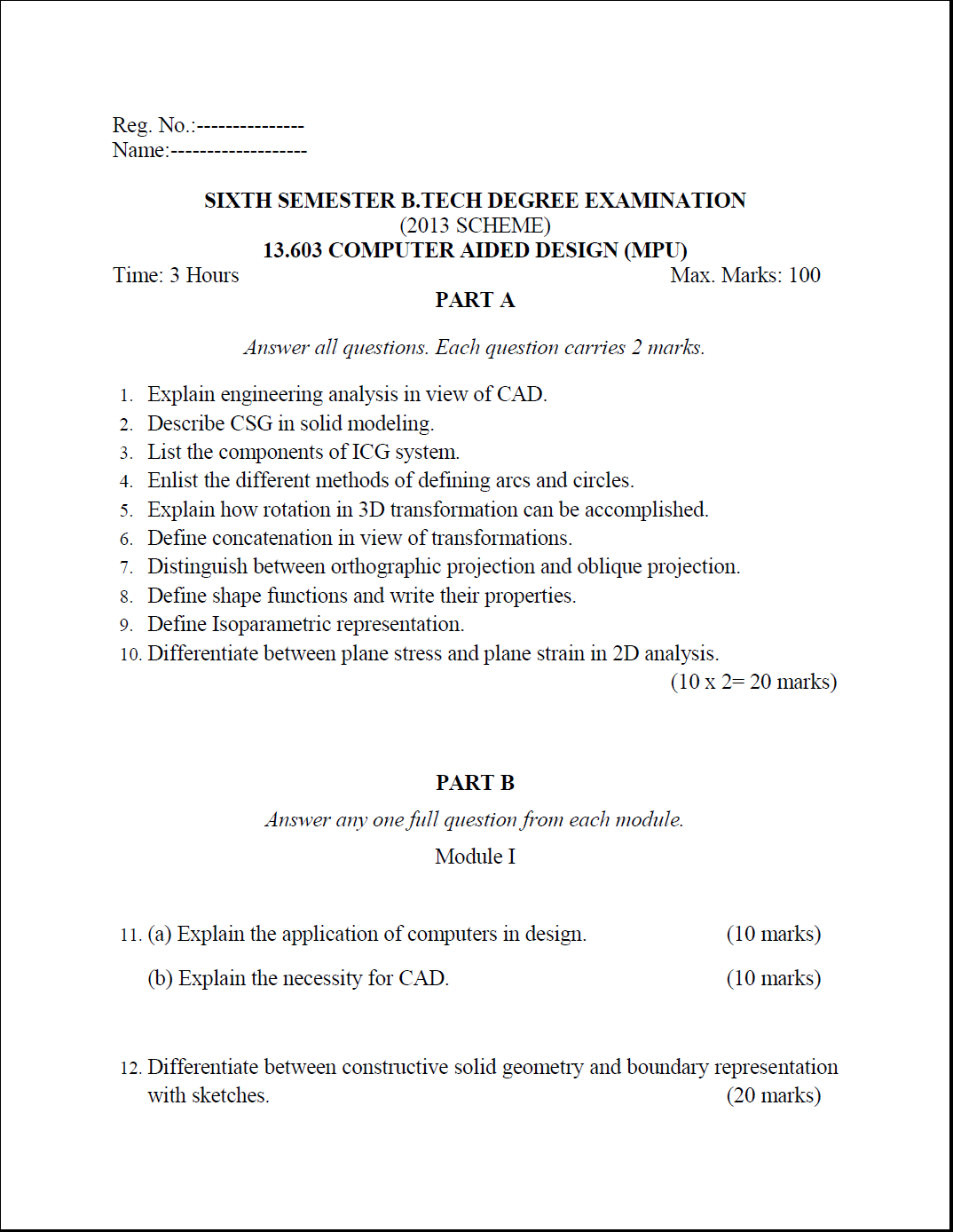 Kerala University B Tech Computer Aided Design ( MPU ) 2016 Question
