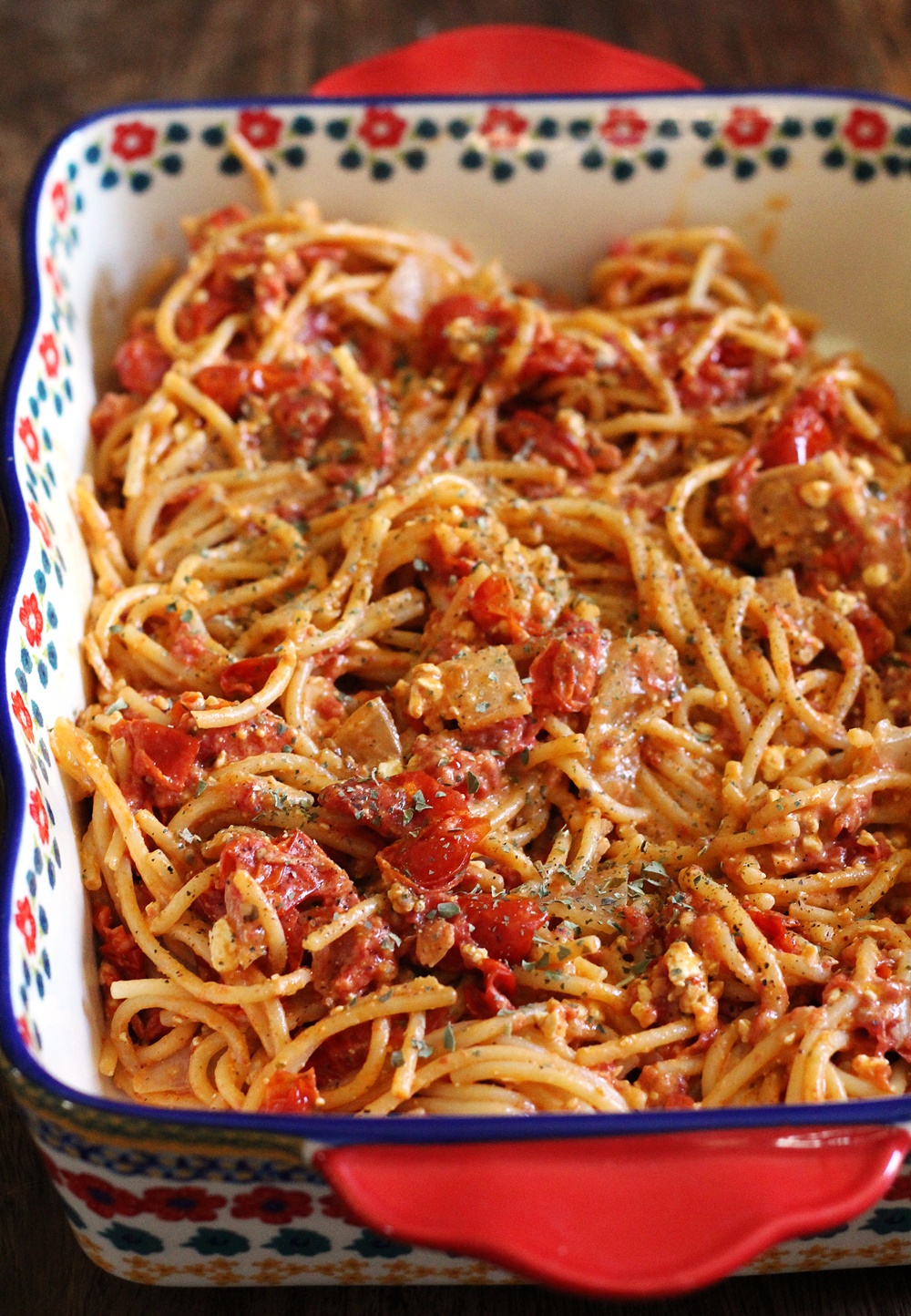 TikTok Baked Feta Cream Cheese Pasta with Roasted Tomatoes Jam Hands