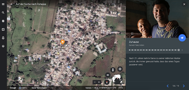 Google Earth Screenshot, der Saroo Brierleys Geschichte zeigt