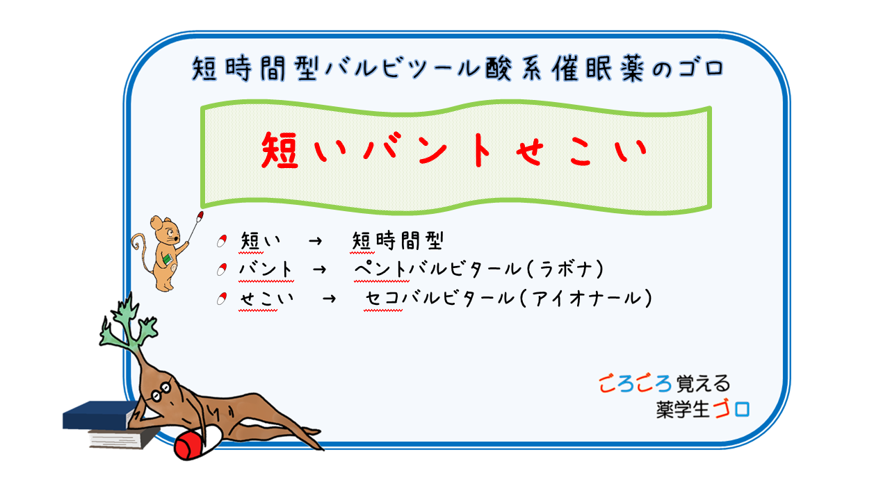 短時間型バルビツール酸系催眠薬のゴロ、覚え方ごろごろ覚える薬学生ゴロ CBT･薬剤師国家試験対策