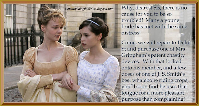 Captioned image of Regency femdom considering some purchases from local artisans