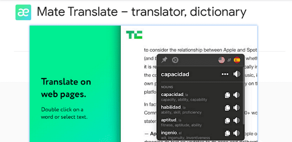 Mate Translate會在網頁上出現翻譯視窗，也能選取PDF的文字進行翻譯