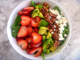Strawberry Avocado Spinach Salad: Tender spinach forms the base of the salad and is topped with buttery avocado, sweet juicy strawberries, crunchy pecans, and tangy goat cheese, all drizzled with a Poppyseed dressing to top it off. - Slice of Southern