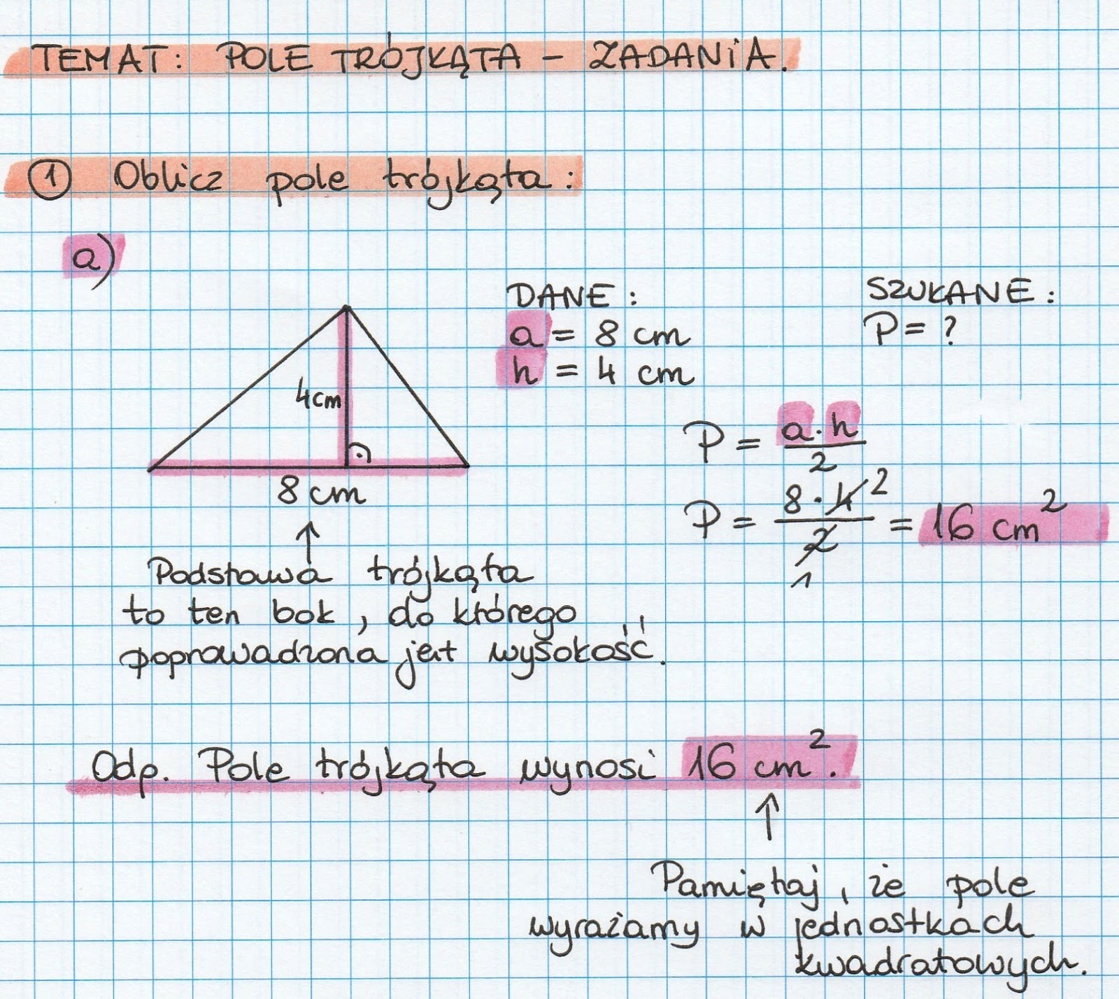 Matematyka Pola Figur Klasa 5 KLASA 5 - Temat: Pole trójkąta - zadania.