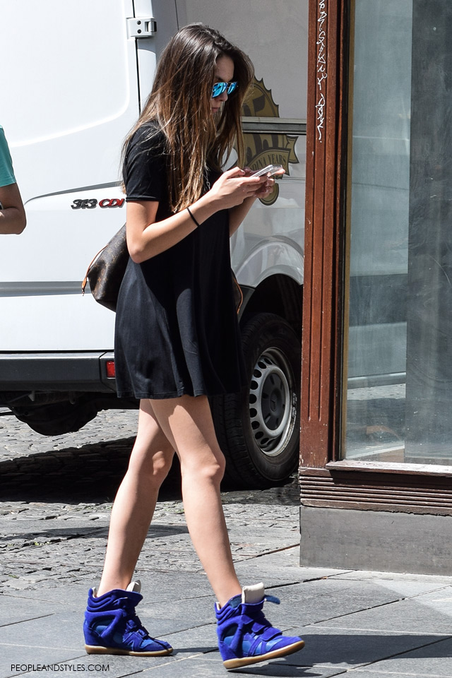 How to wear black mini dress and Isabel Marant wedge sneakers, Street style in Zagreb, summer fashion, June 2015. What to wear to work in summer