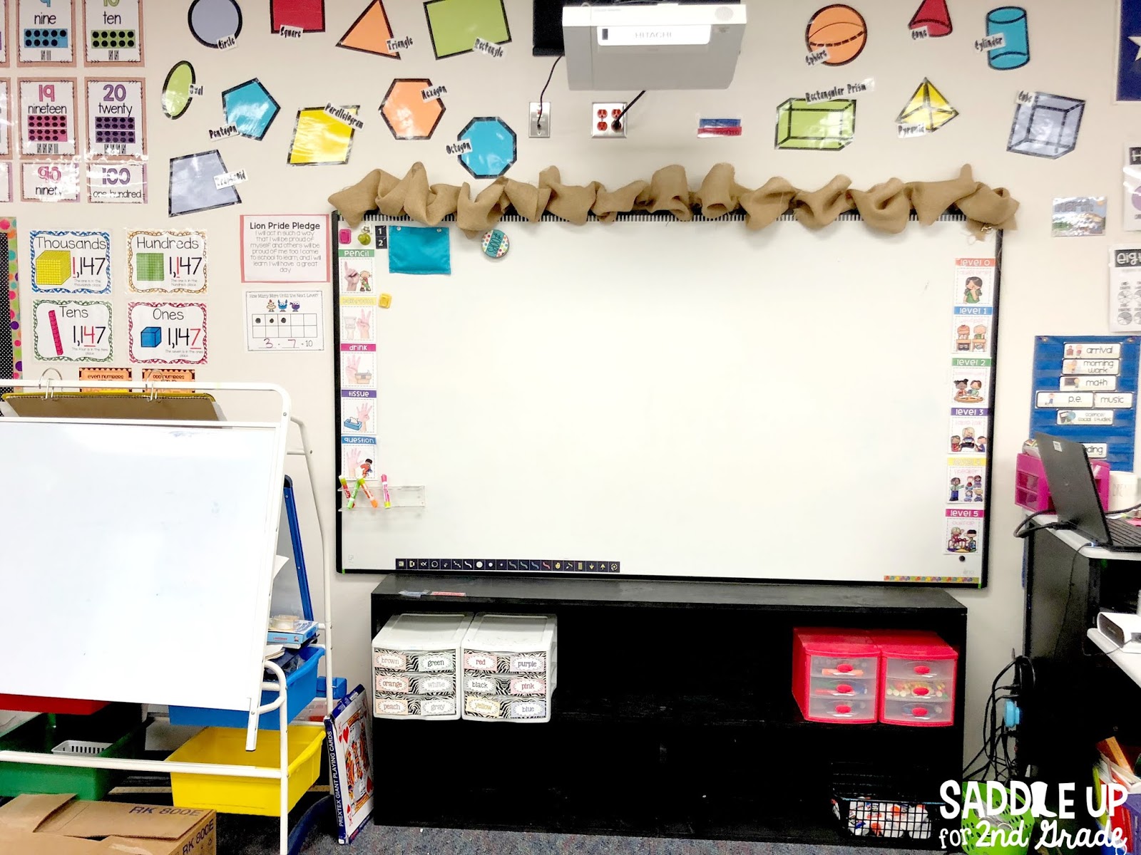 The blog posts features a tour of my 2nd grade classroom with a burlap and bright theme! 