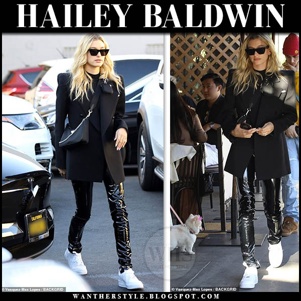 Hailey Baldwin in black blazer and black vinyl pants in LA on November ...