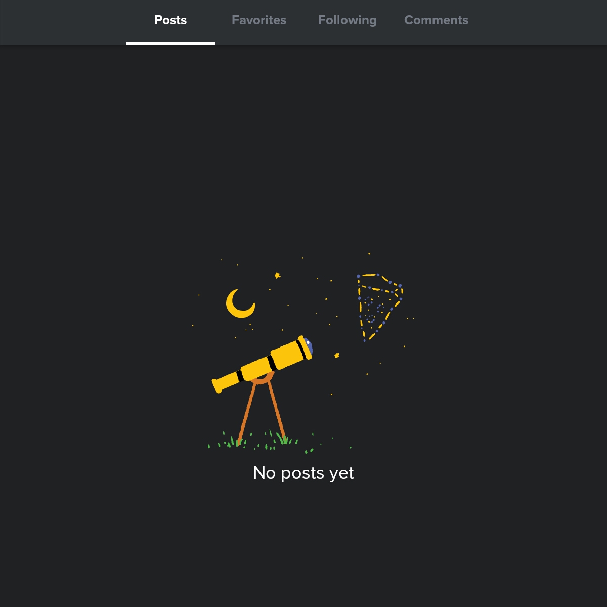 ImgurのAndroidアプリのPostsの「No posts yet」(まだ投稿がない)の望遠鏡の表示