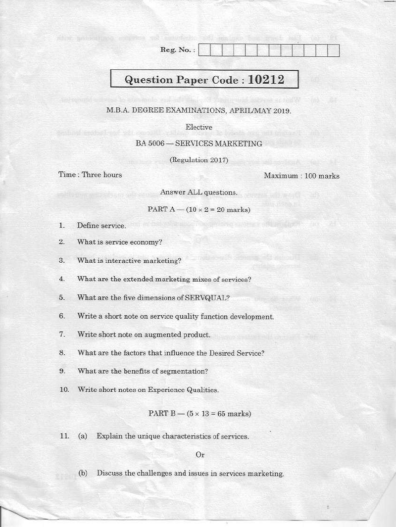 service marketing question paper with case study