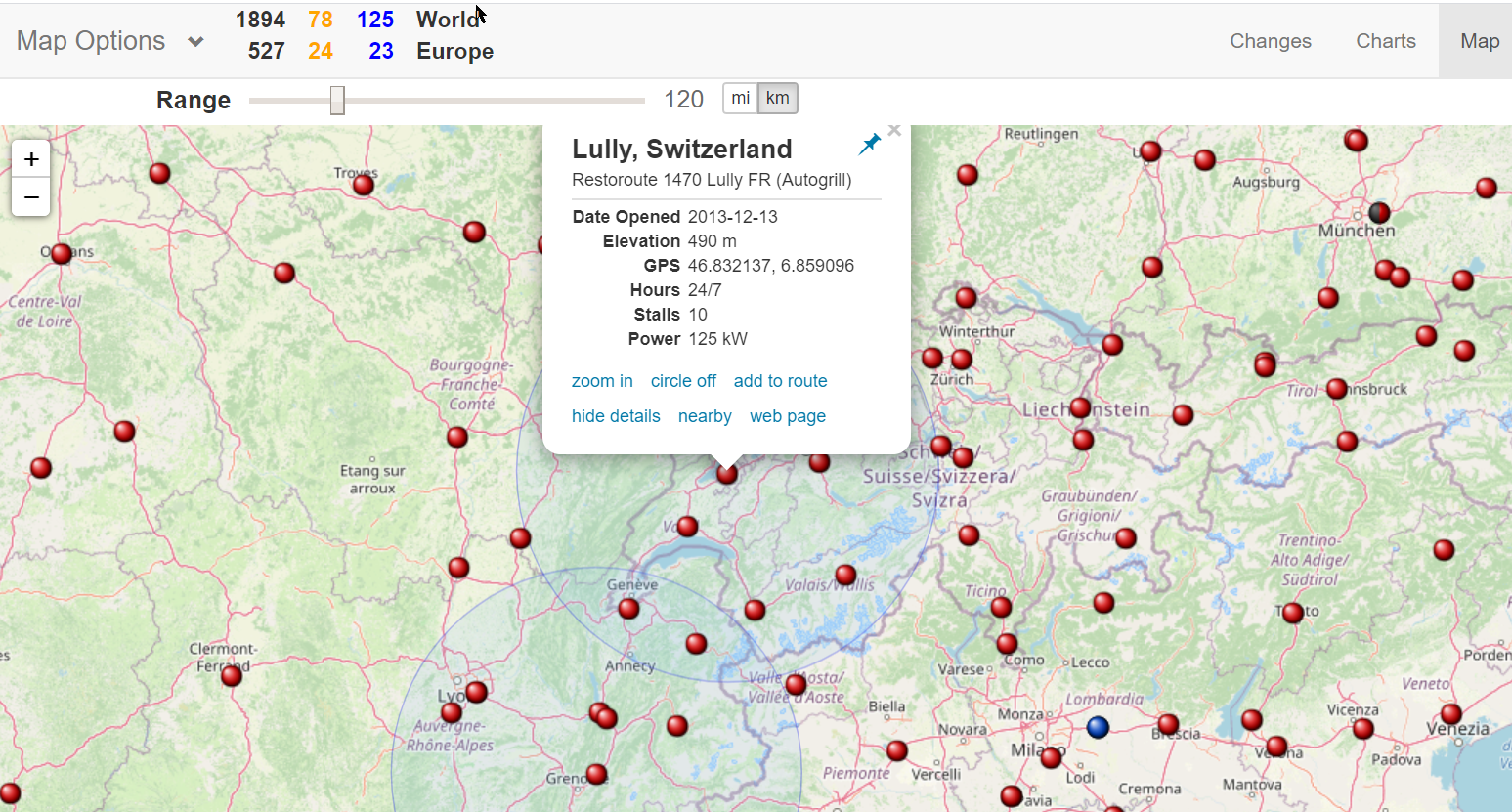 Supercharged EV supercharger map with range circle