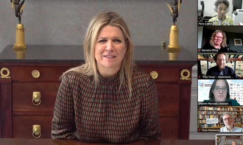 Queen Maxima wore a narel printed viscose geometrical print blouse from Natan. The European Choral Association