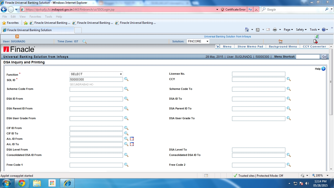 Menu for list of agents in DOP Finacle POFINACLEGUIDE