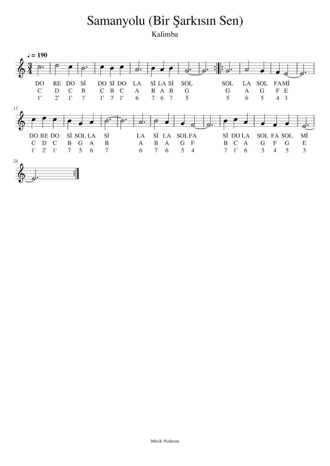 Samanyolu Kalimba Nota Tab Muzik Notlarim