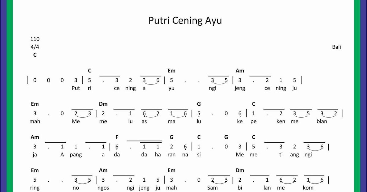 Not Angka Lagu Putri Cening Ayu SEKITAR MUSIK