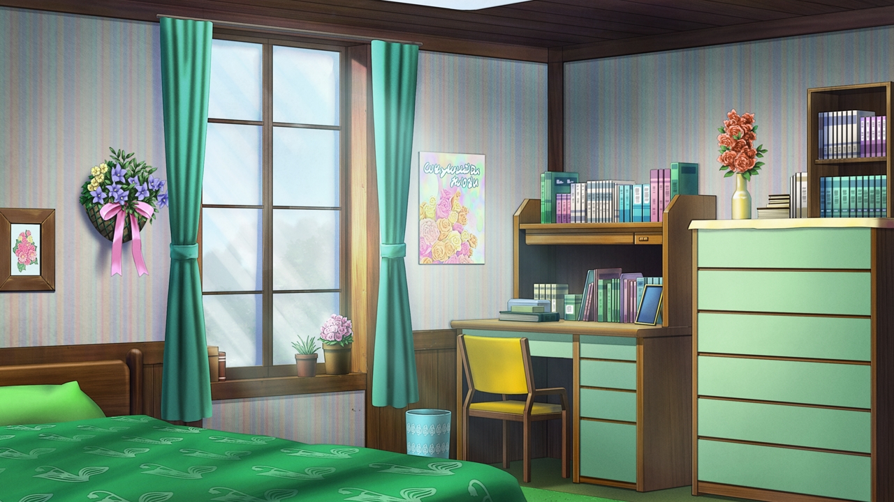 Anime Landscape: Anime Green Bedroom with Flowers Background
