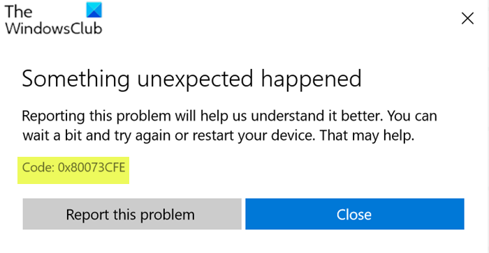 Código de error de Microsoft Store 0x80073CFE