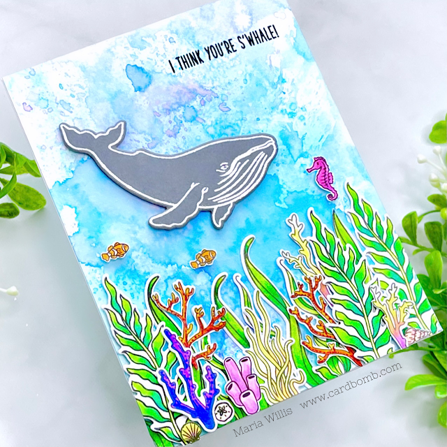 Cardbomb, Maria Willis, Tonic Studios,Tonic Studios Stamp Club,Whales, cards, cardmaking, stamps, ink, paper, papercraft, die cutting, art, color, watercolor, ocean, heat embossing, nuvo