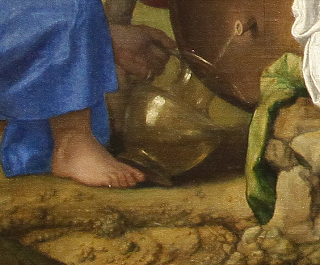 Dei di Bellini: Bacco spilla vino bianco in una brocca di vetro da una botte.