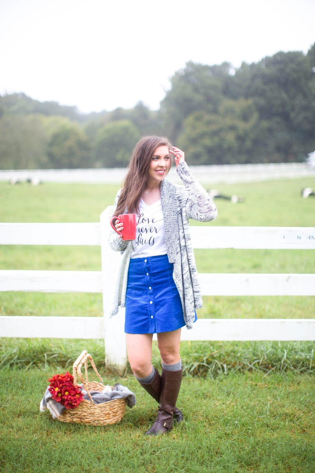 southern weddings photoshoot, fall picnic, riding boots, fearrington village, picnic basket outfit, love never fails tee, fall picnic, asos corduroy skirt, LOFT cardigan, southern fashion blogger, pretty in the pines, raleigh