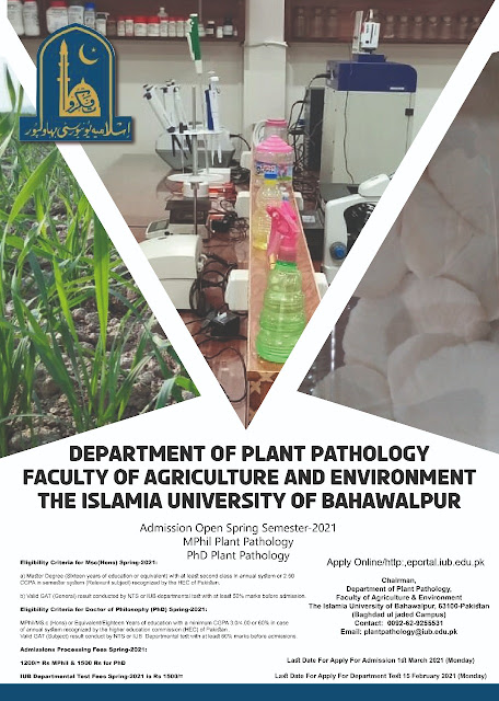 MS.c(Hons) Plant Pathology & PhD In Plant Pathology in FA&E-IUB Spring-2021 MS.c(Hons) Plant Pathology & PhD In Plant Pathology in FA&E-IUB Spring-2021