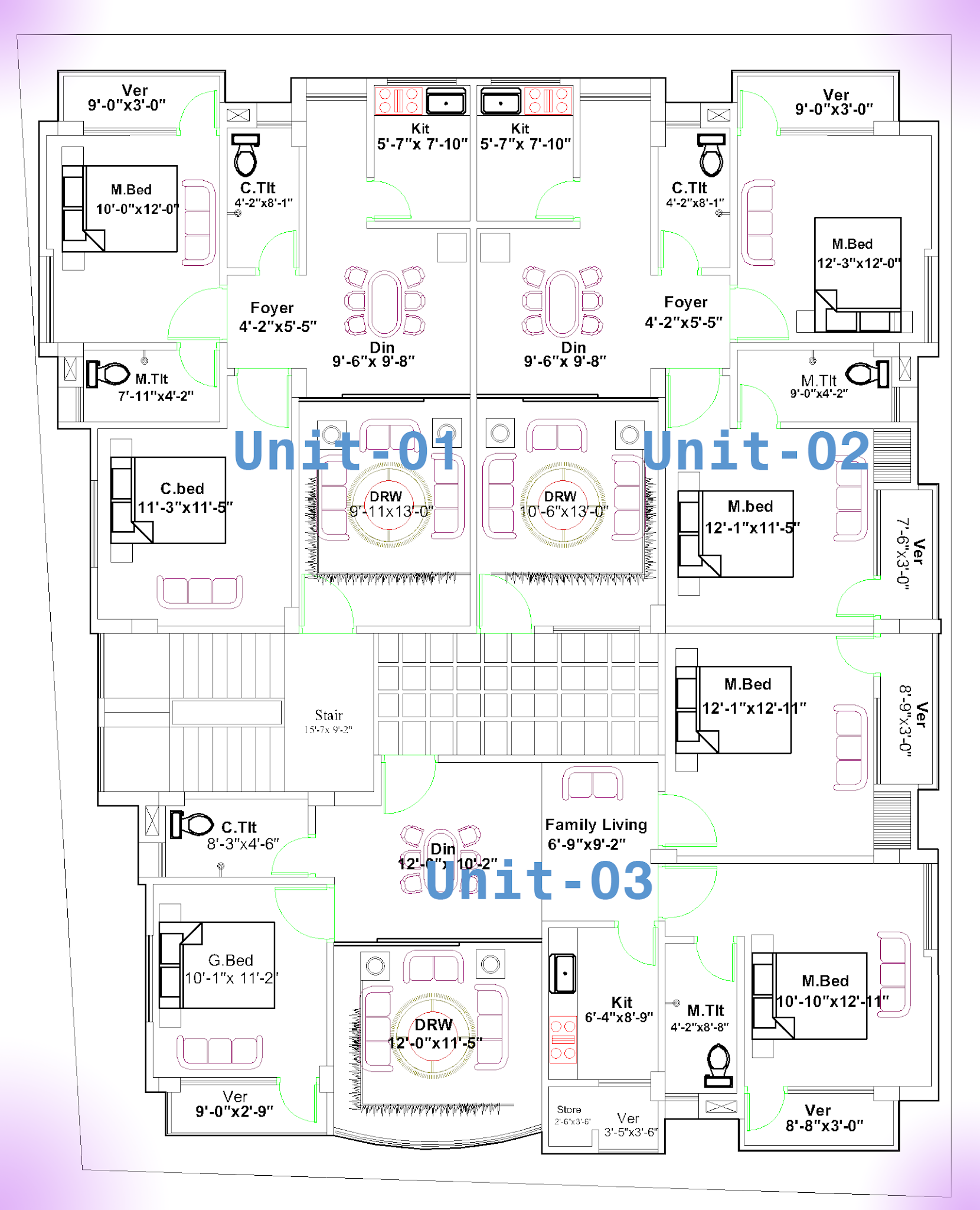 3 Unit Residential Building Plan in 3500 Square Feet