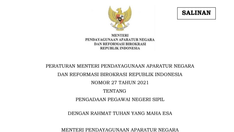 Permenpan Rb No 27 Tahun 2021 Tentang Pengadaan Pegawai Negeri Sipil Pns Media Brita Rakyat