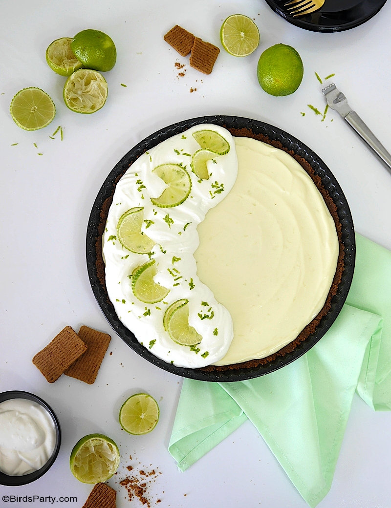 Delicious, quick and easy to make, 5-ingredient, NO-BAKE key lime pie - the perfect dessert for hot summer days! by BirdsParty;com @birdsparty #keylimepie #lime #limes #dessert #recipe #citrus #biscoffrecipes #biscoff