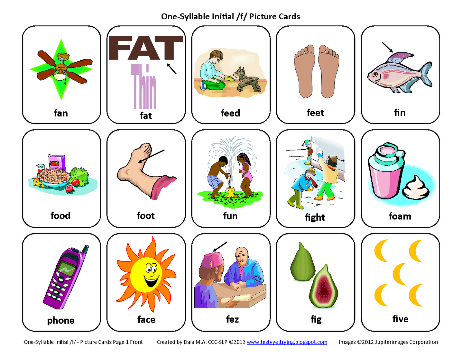 Testy yet trying: Initial F: Free Speech Therapy Articulation Picture Cards