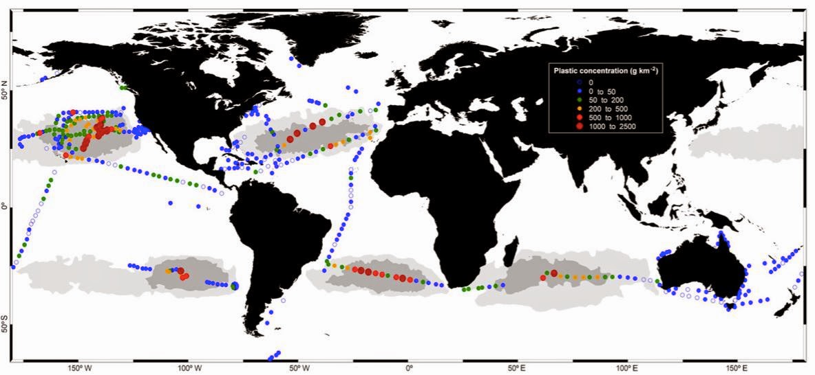 Concentrations of plastic debris in surface waters of the global ocean