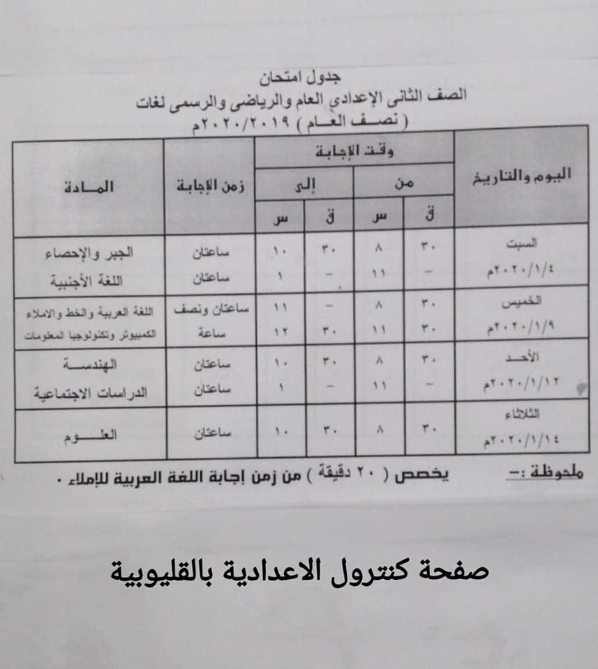 جداول امتحانات الترم الأول 2020 لجميع المحافظات.. ابتدائي - اعدادي - ثانوي 11