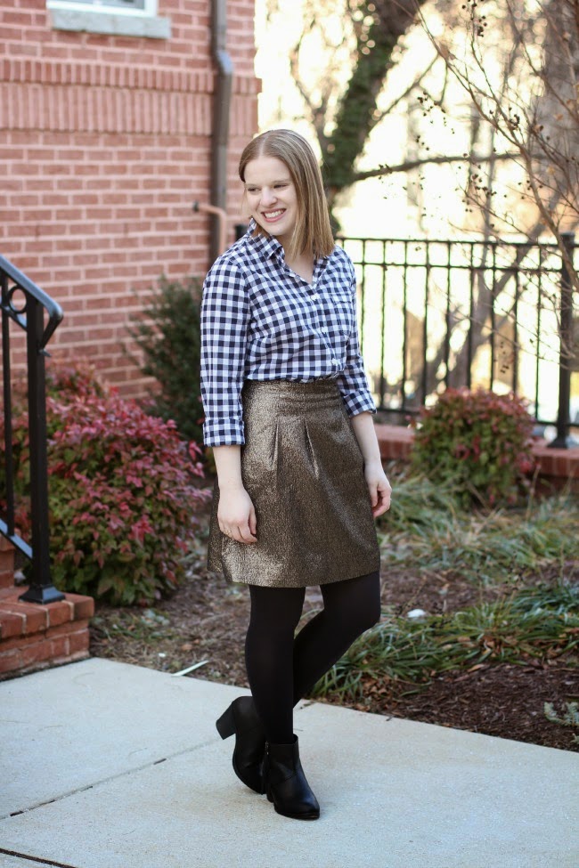 Style to Inspire Weekly Link Up | Something Good, le tote, black tights, black booties, gold skirt, gingham button down